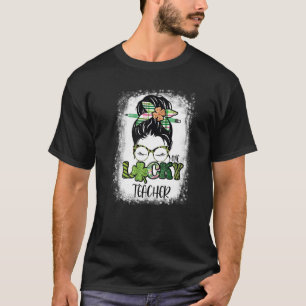 One Lucky Teacher Leopard Plaid Messy Bun Retro Pa T-Shirt