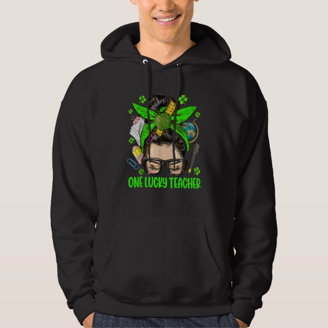 One Lucky Teacher Messy Bun St Patricks Day Clover Hoodie (Front)