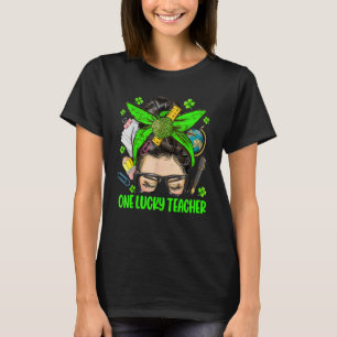 One Lucky Teacher Messy Bun St Patricks Day Clover T-Shirt