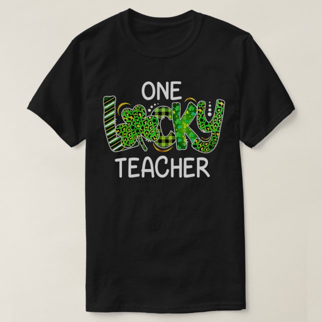 One Lucky Teacher Shamrock Leopard Plaid St T-Shirt (Design Front)