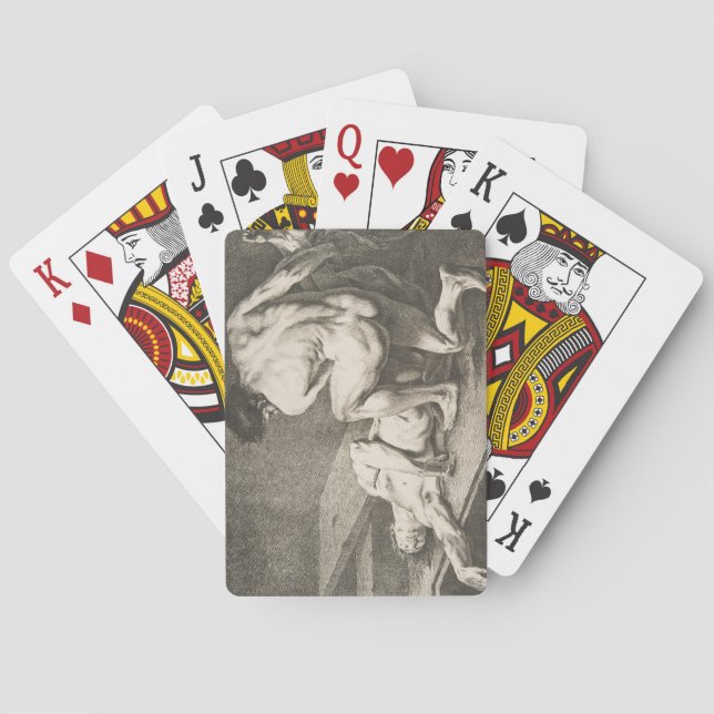 One Man Lifting the Legs of Another Man Playing Cards (Back)