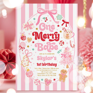 One Merry Babe Christmas Coquette Bow 1st Birthday Invitation