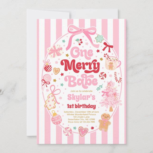 One Merry Babe Christmas Coquette Bow 1st Birthday Invitation (Front)