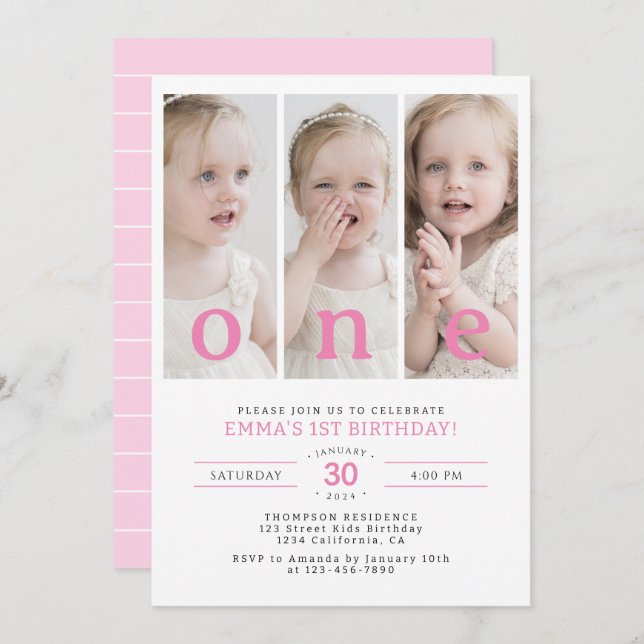 ONE Minimalist 1st Birthday Party Photo Collage Invitation (Front/Back)