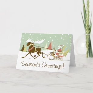 One Moose Open Sleigh Retro Santa Clause Christmas Holiday Card