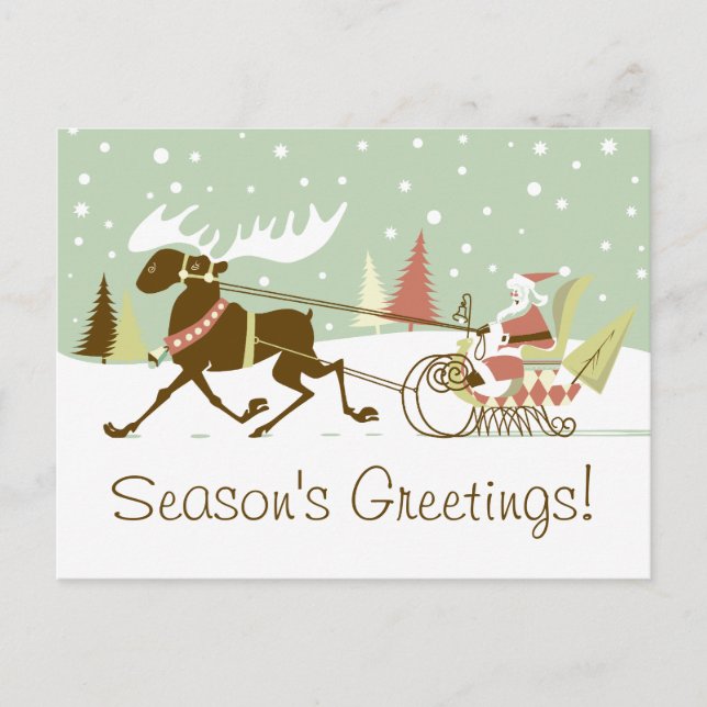 One Moose Open Sleigh Retro Santa Clause Christmas Holiday Postcard (Front)