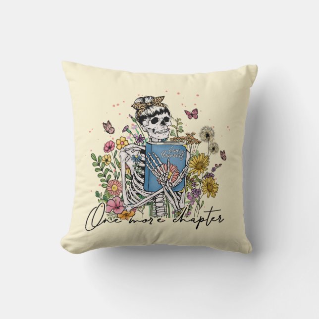One More Chapter Floral Skeleton Throw Pillow (Front)