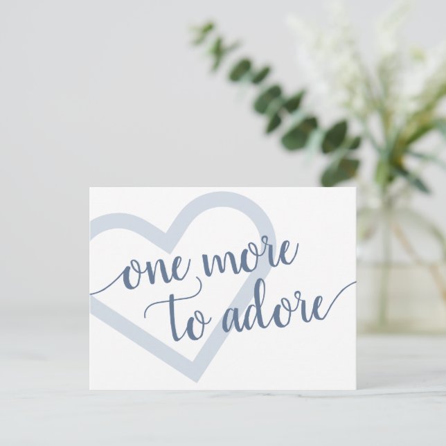 One More to Adore | Dusty Blue Heart New Baby Announcement Postcard (Standing Front)