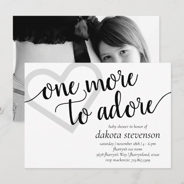 One More to Adore | Simple Black Baby Shower Photo Invitation (Front/Back)