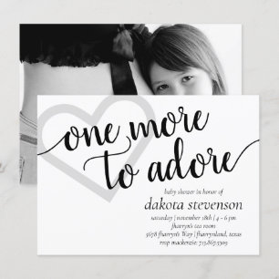 One More to Adore Simple Black Baby Shower Photo Invitation