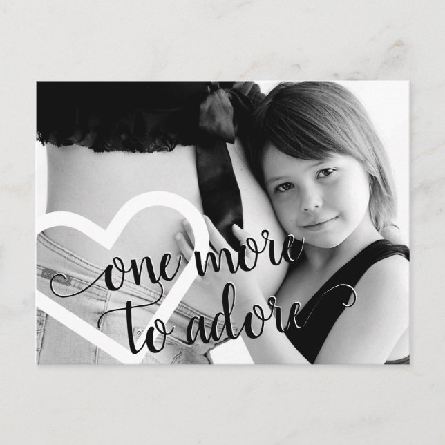 One More to Adore | Simple Black Pregnancy Photo Announcement Postcard (Front)