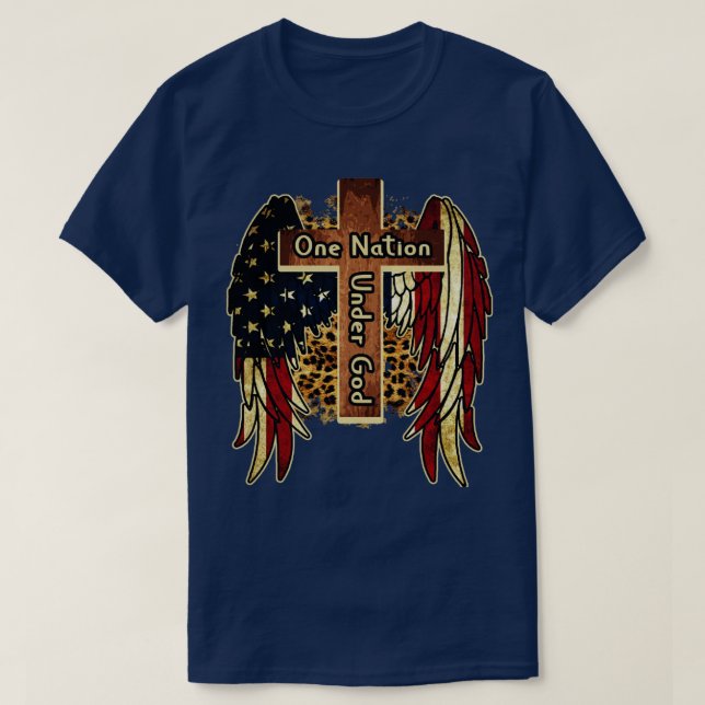 One Nation Under God 4th Of July Patriot Cross  T-Shirt (Design Front)