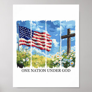 One Nation Under God Usa Flag Flowers Red White Bl Poster