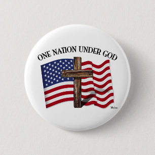 One Nation Under God with rugged cross and US flag 2 Inch Round Button