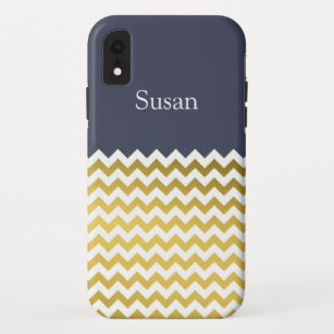 One Of A Kind Delft Blue, Gold & White Chevron iPhone XR Case