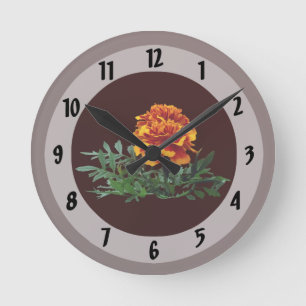 One Orange Marigold with Yellow Tips Round Clock