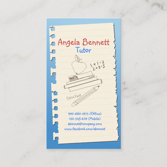 One Page Doodle Tutor Blue Business Card (Front)