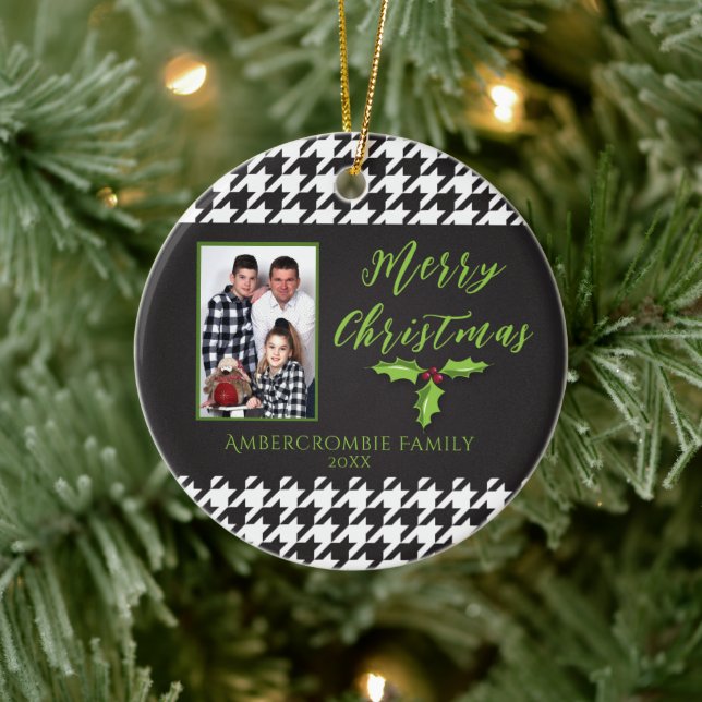 One Photo Black and White Houndstooth Ceramic Ornament (Tree)