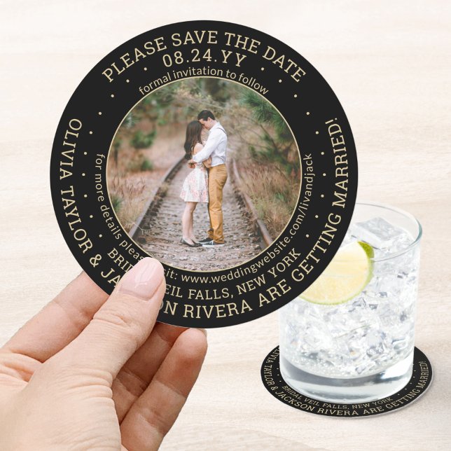 One Photo Black Gold Modern Wedding Save the Date Round Paper Coaster (Creator Uploaded)