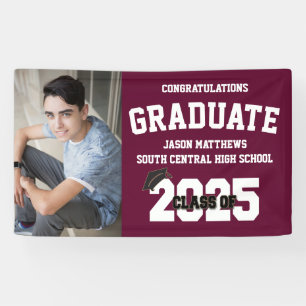 One Photo Burgundy Graduation Banner With Cap