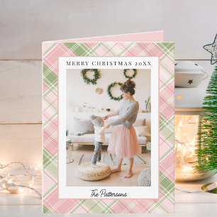 One Photo Classic Plaid Green and Pink Christmas   Holiday Card