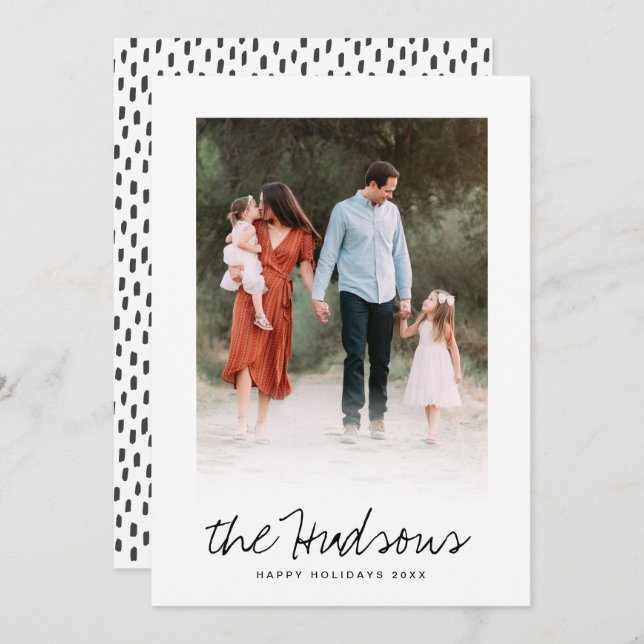 One Photo Elegant Black Script Calligraphy Flat Holiday Card (Front/Back)