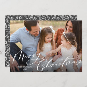 One Photo Elegant White Script Merry Christmas Holiday Card