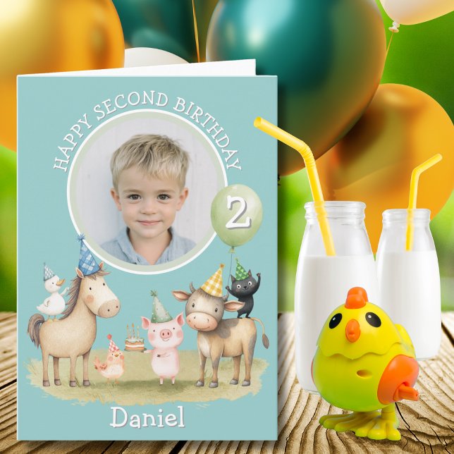 One Photo Farm Animals Second Birthday Card (Creator Uploaded)
