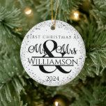 One Photo First Christmas Married Mr & Mrs Glitter Ceramic Ornament<br><div class="desc">Customizable photo,  modern simple one-photo design with script Mr. & Mrs. with customizable last name and year.</div>
