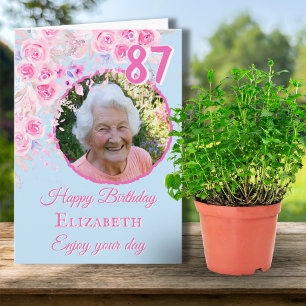 One Photo Floral 87th Birthday Card