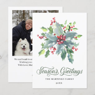 ONE PHOTO Holly and Berry Watercolor Greenery 2022 Holiday Card