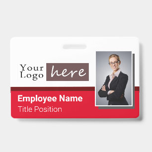 One Photo Horizontal Style Logo Red Employee Name Badge