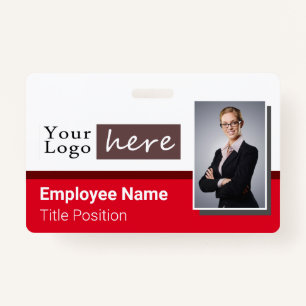 One Photo Horizontal Style Logo Red Employee Name Badge