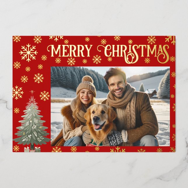 One Photo Merry Christmas Family Gold  Foil Holiday Card (Front)