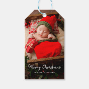 One photo merry christmas modern white text  gift tags