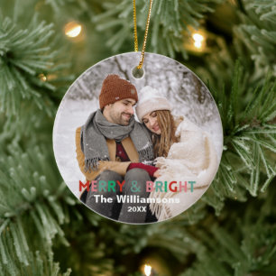 One Photo Modern Colourful Merry & Bright Family Ceramic Ornament