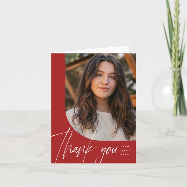One photo modern red brush script graduation thank you card (Front)