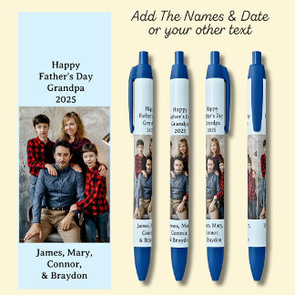 One Photo, Name Date, your Text on soft blue, Blue Black Ink Pen
