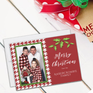 One Photo Red and White Houndstooth Holiday Card