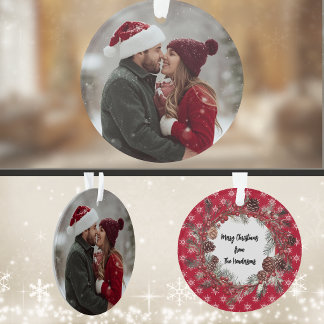 One Photo Red Snowflake Wreath w Berries Christmas Ornament