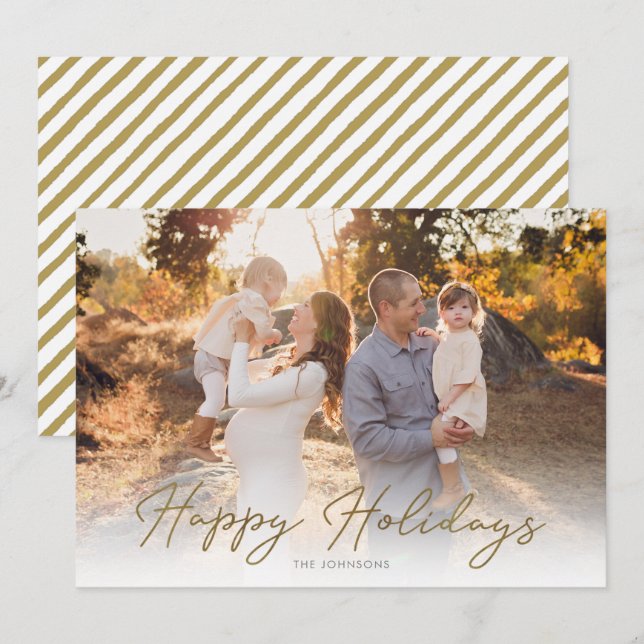  One Photo Rustic Gold Script Happy Holiday Card (Front/Back)