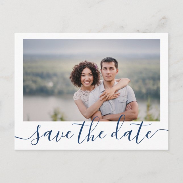 One Picture Wedding Save Date Postcard Navy (Front)