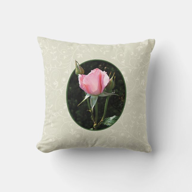 One Pink Rosebud Throw Pillow (Front)
