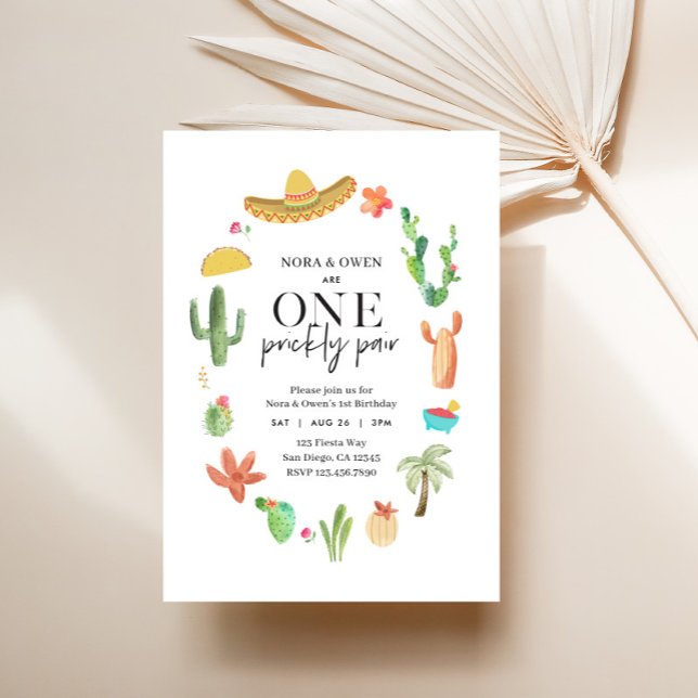 One Prickly Pair Twin 1st Birthday Invitation (One Prickly Pair Invite)