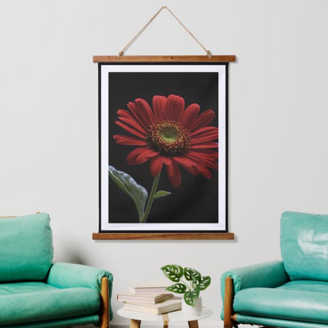 One Red Daisy Left Side On Black, Hanging Tapestry (Living Room)