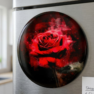 One Red Rose Watercolor on Black Background Magnet