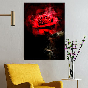 One Red Rose Watercolor on Black Background Poster