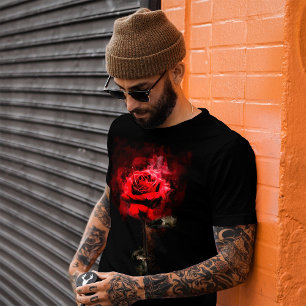 One Red Rose Watercolor on Black Background T-Shirt