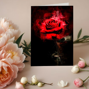One Red Rose Watercolor on Black Background Thank You Card