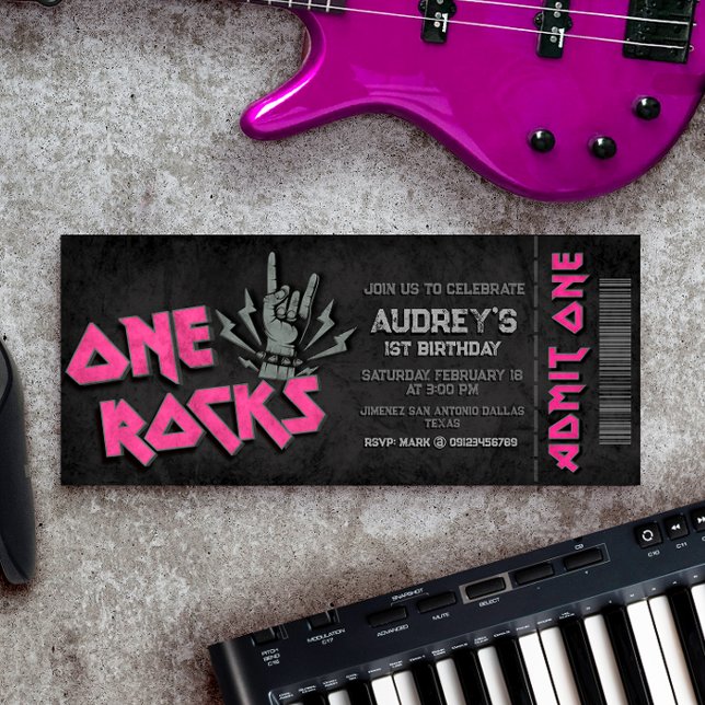 One Rocks - Fille 1er Anniversaire Invitation de b (One Rocks - Girl 1st Birthday Ticket Invitation)